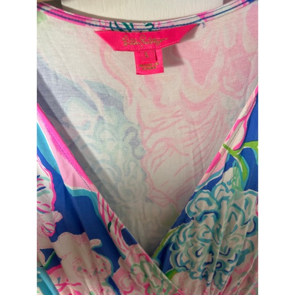 Lilly Pulitzer Maxi Dress Floral Print Blue Pink V Neck Sleeve Resort Size L - Picture 3 of 6